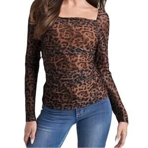 NWOT VENUS Blouse 1X Brown Animal Print Square Neck Ruched Long Sleeve Lined Zip